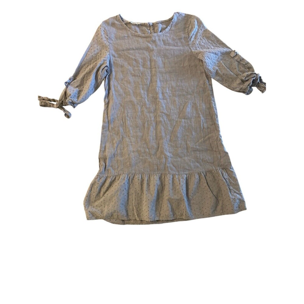 FRANCESCA BETTINI size Large Embroidered beige grey 100% linen mini‎ dress C